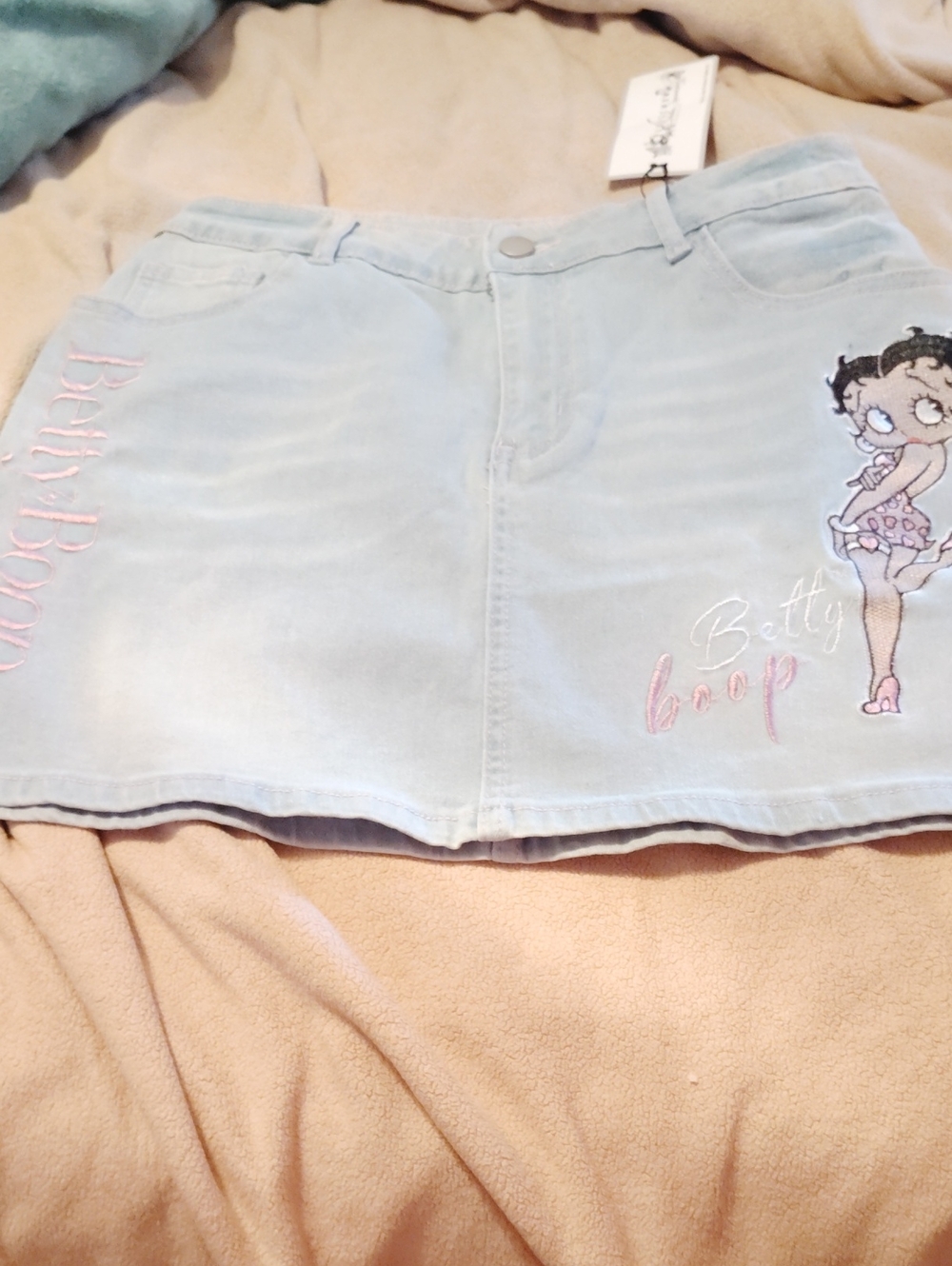 Betty Boop Light Blue Denim Mini Skirt with Pink Embroidery